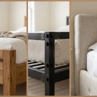Gambar triptik yang menampilkan perbandingan jarak dekat tiga jenis material rangka tempat tidur: kayu solid dengan serat alami di sebelah kiri, logam hitam matte dengan baut di tengah, dan material berlapis kain bertekstur dengan detail jahitan di sebelah kanan.