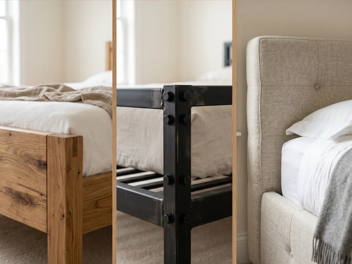 Gambar triptik yang menampilkan perbandingan jarak dekat tiga jenis material rangka tempat tidur: kayu solid dengan serat alami di sebelah kiri, logam hitam matte dengan baut di tengah, dan material berlapis kain bertekstur dengan detail jahitan di sebelah kanan.