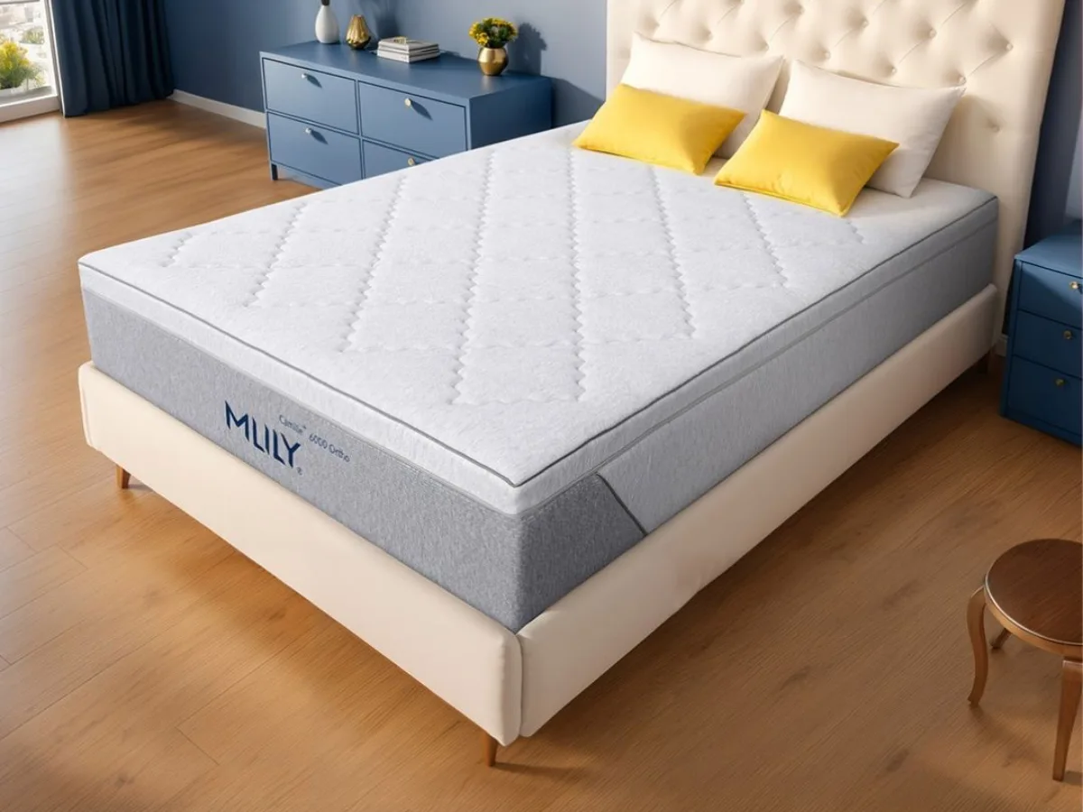 Kasur busa MLILY berwarna abu-abu muda dengan dua bantal kuning di atas tempat tidur modern di kamar tidur bergaya minimalis.