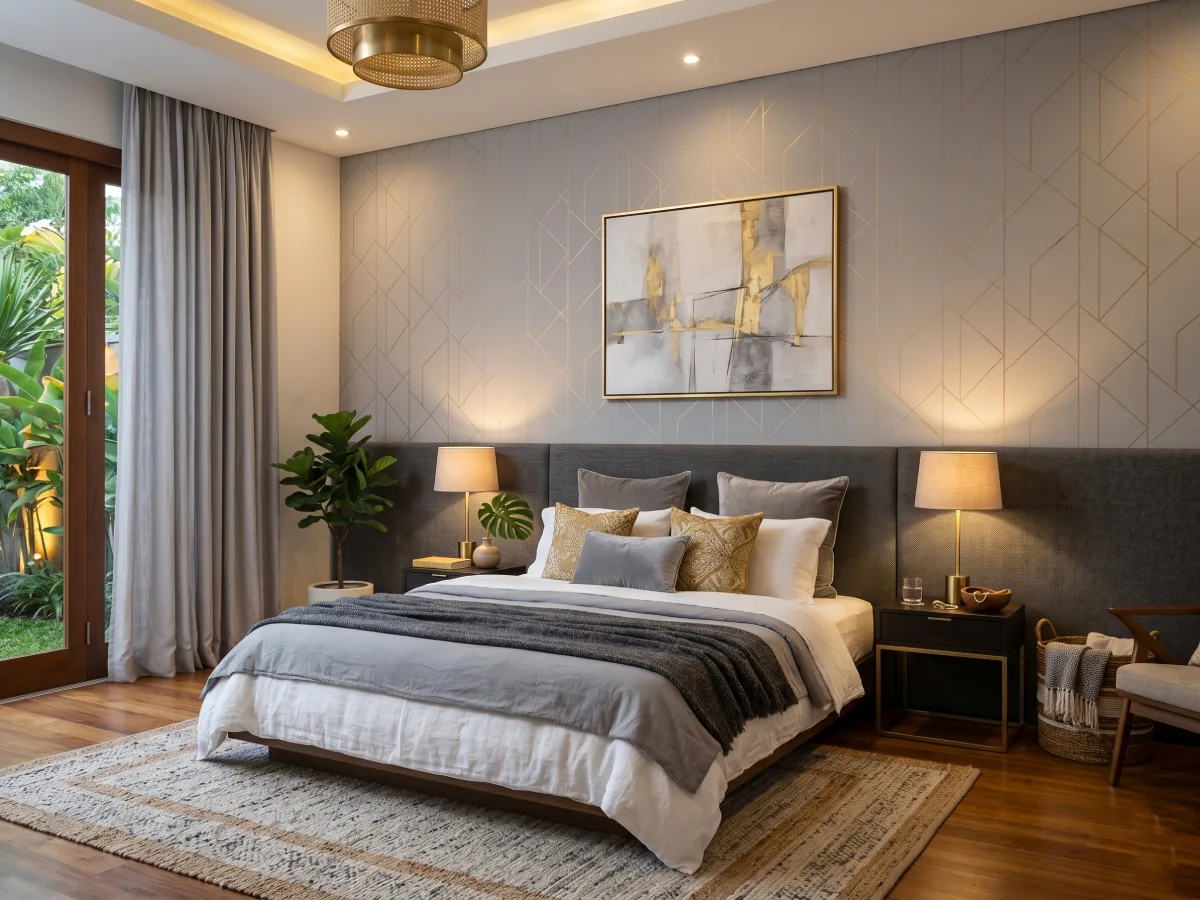 Kamar tidur modern dengan wallpaper abu motif garis emas, ranjang empuk berlapis bantal, lampu meja, karpet, dan pencahayaan lembut terlihat rapi dan elegan