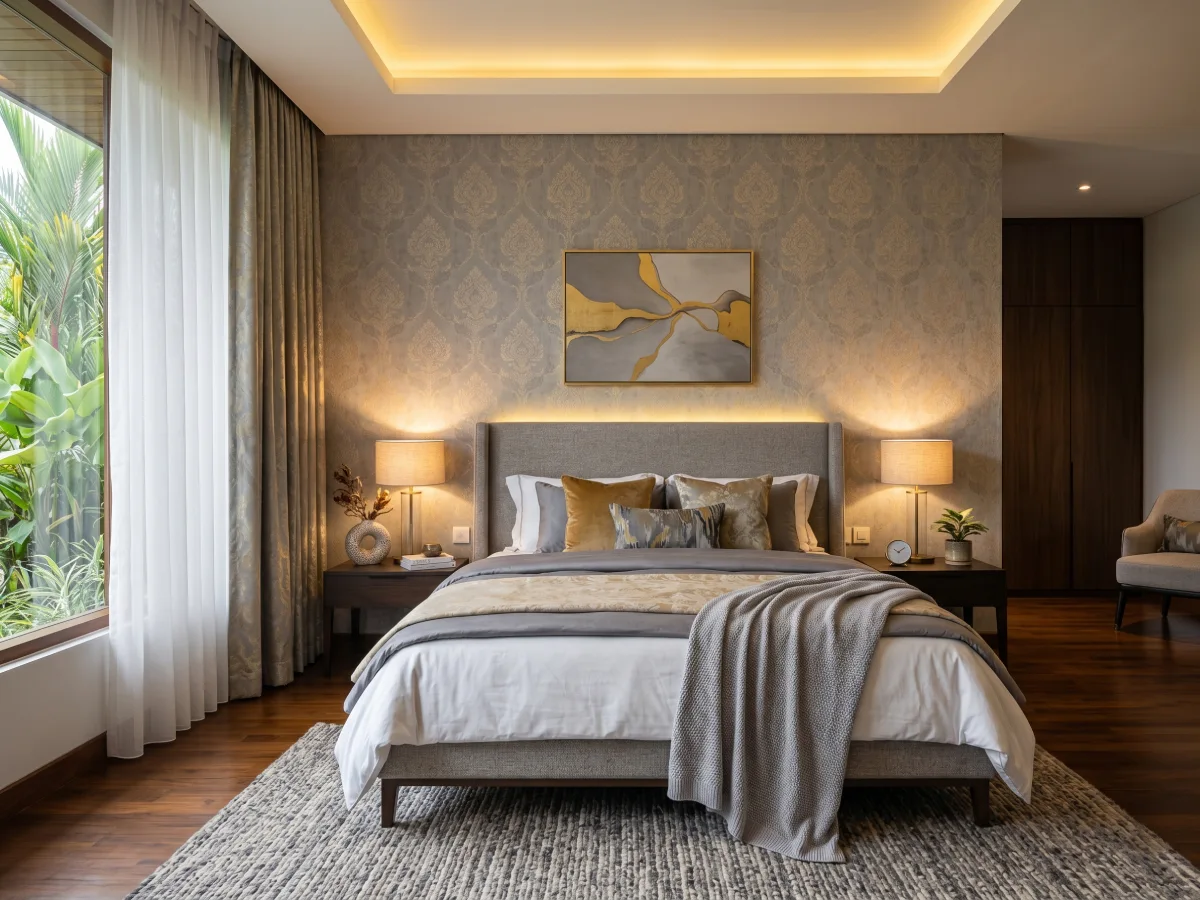 Kamar tidur mewah dengan wallpaper dinding motif damask klasik bernuansa abu-abu dan emas dipadukan dengan tempat tidur elegan dan pencahayaan hangat