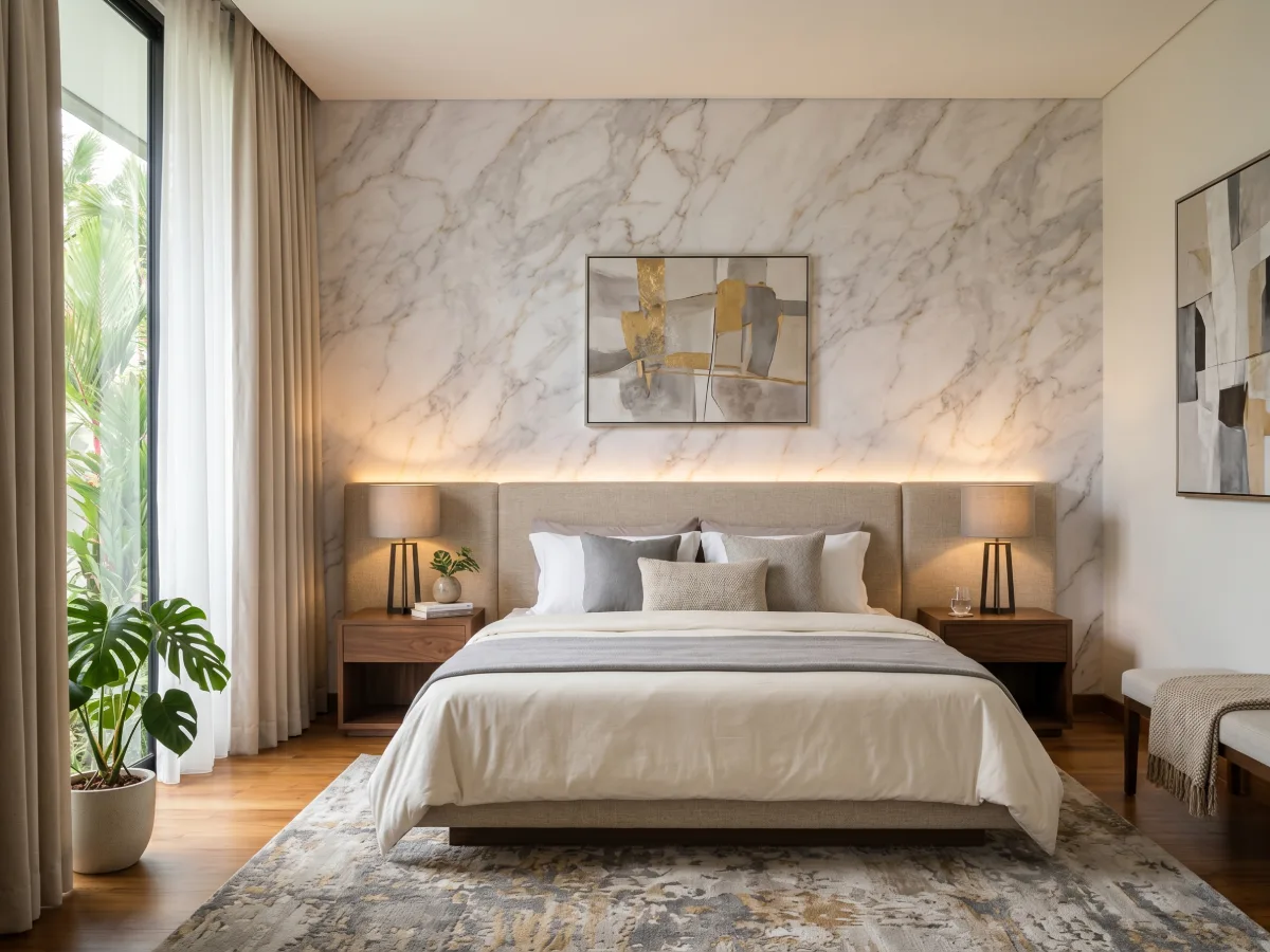 Kamar tidur bernuansa mewah dengan wallpaper dinding motif batu marmer putih berurat abu-abu dan emas dilengkapi ranjang modern dan lukisan abstrak elegan