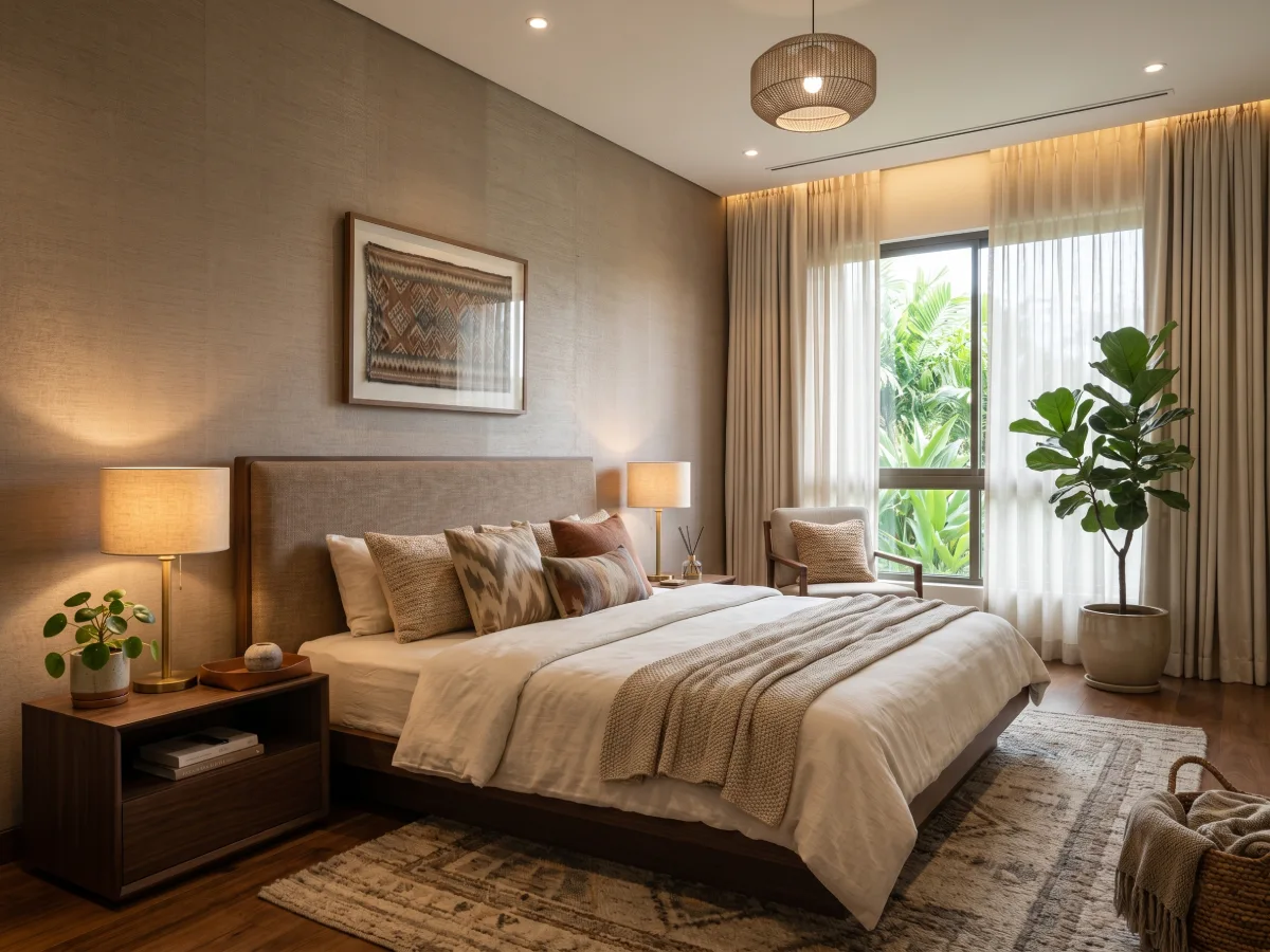 Desain kamar tidur bernuansa earthy tone dengan wallpaper bertekstur kain warna krem ranjang kayu minimalis dan tanaman hias di dekat jendela