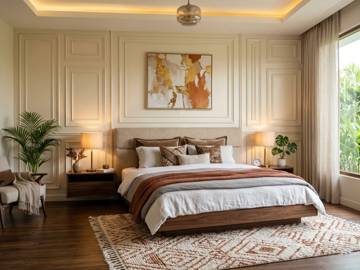 Interior kamar tidur elegan dengan wallpaper bermotif ilusi panel kayu atau molding 3D berwarna krem klasik dilengkapi ranjang kayu dan karpet bertekstur