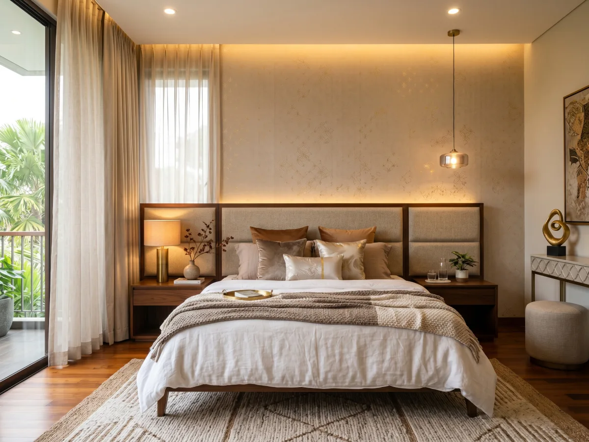 Kamar tidur modern dengan wallpaper dinding warna netral yang memiliki aksen motif emas tipis yang mewah diterangi lampu gantung gantung elegan