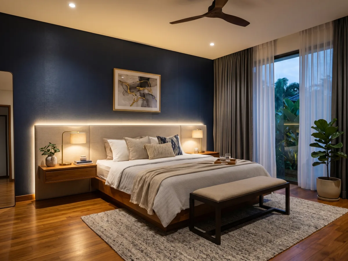 Suasana kamar tidur dramatis nan maskulin dengan dinding berbalut wallpaper warna biru navy gelap bertekstur dan lampu pendar hangat di belakang ranjang