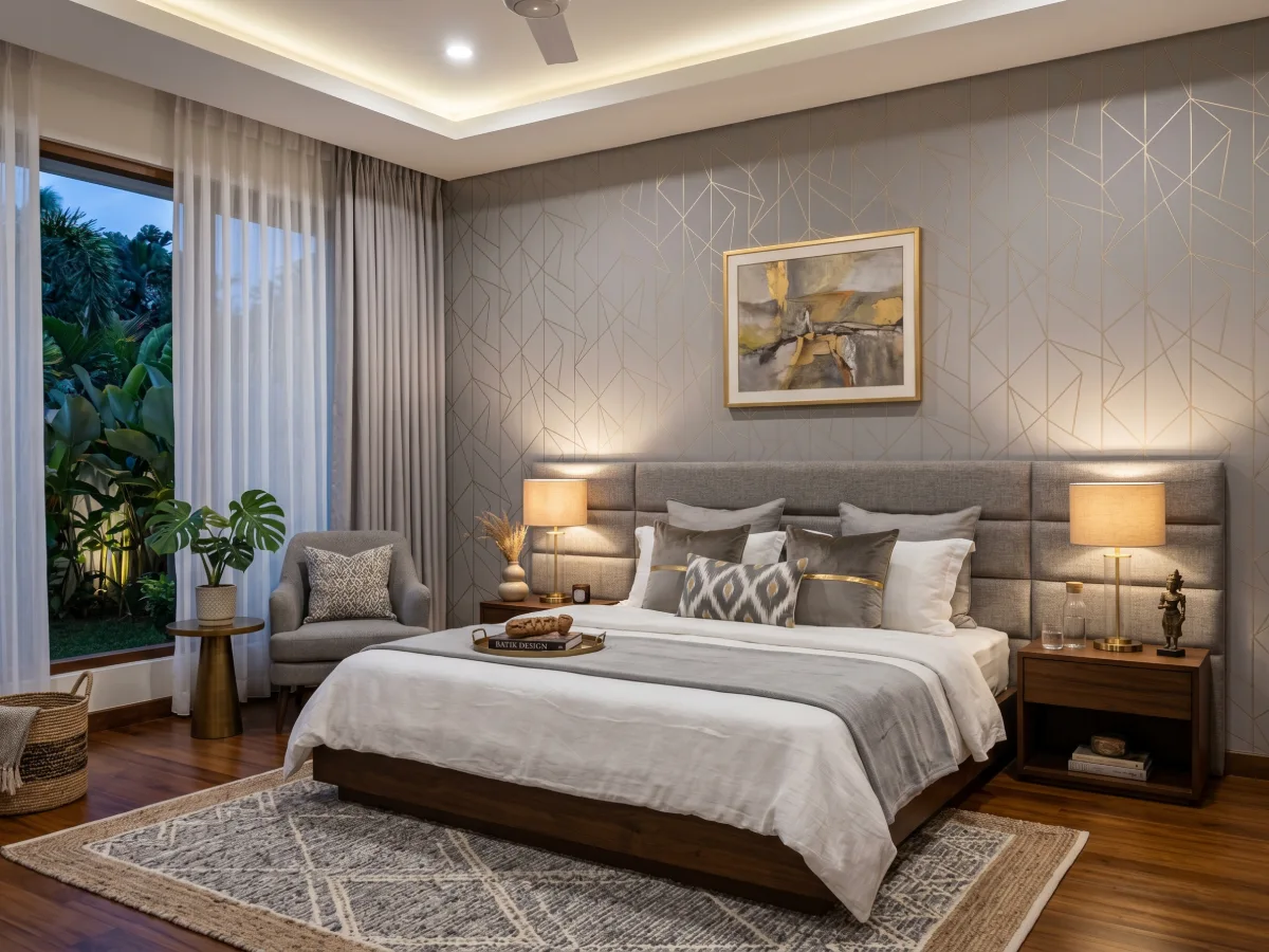 Kamar tidur bergaya kontemporer dengan wallpaper abu-abu bermotif garis geometris emas asimetris dilengkapi headboard tempat tidur abu-abu yang empuk