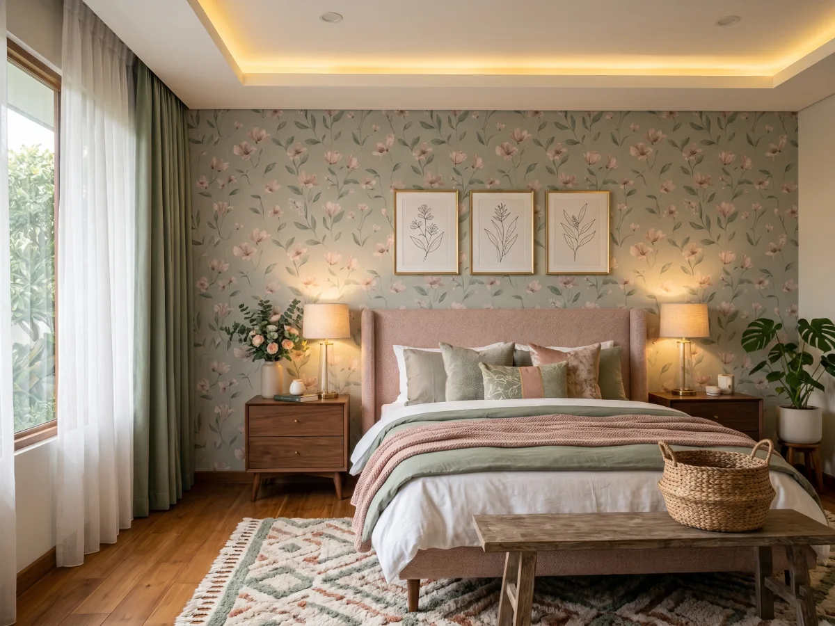 Kamar tidur feminin bernuansa pastel dengan wallpaper motif bunga-bunga lembut di atas latar hijau muda dipadukan dengan ranjang warna merah muda