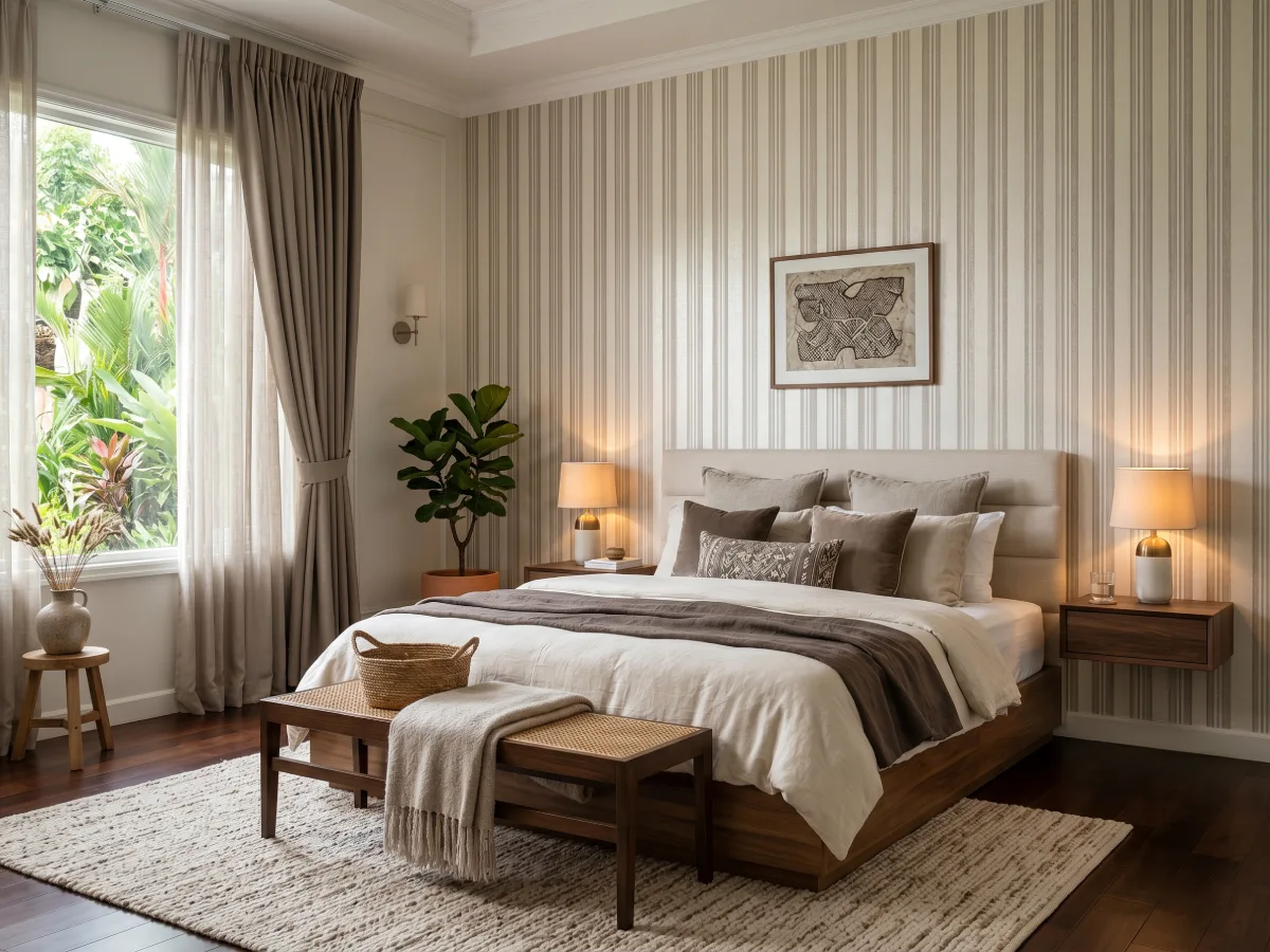 Kamar tidur dengan ilusi ruang lebih tinggi menggunakan wallpaper bermotif garis vertikal warna krem dan abu-abu lengkap dengan perabotan bernuansa kayu dan rotan