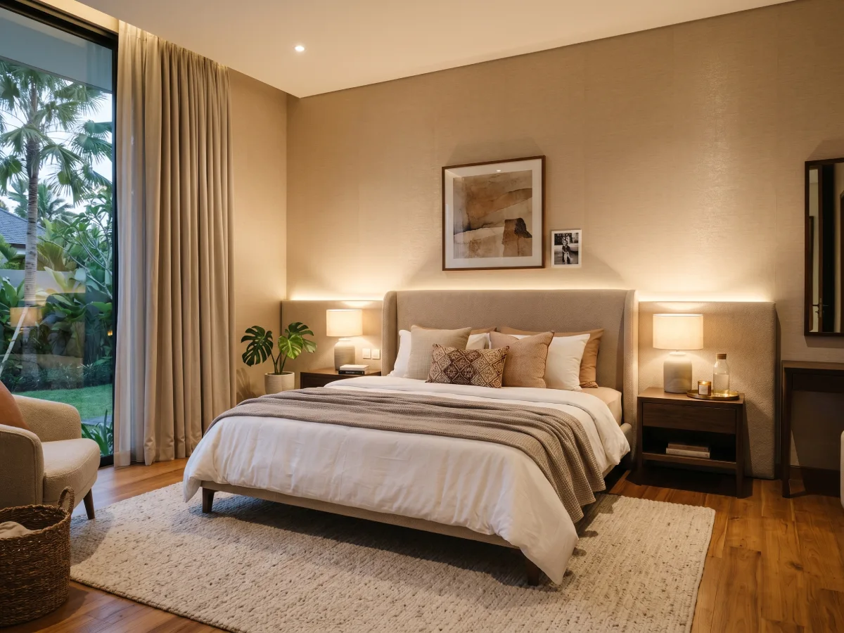 Desain kamar tidur nyaman dengan wallpaper minimalis bertekstur warna beige hangat pencahayaan lembut dari headboard dan jendela kaca besar menghadap taman