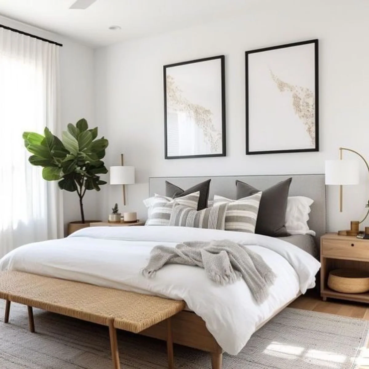 Desain kamar tidur modern minimalis bernuansa putih terang dengan tanaman hias besar jenis fiddle leaf fig di sudut, bangku anyaman di kaki tempat tidur, dan dua lukisan abstrak dinding berbingkai hitam.
