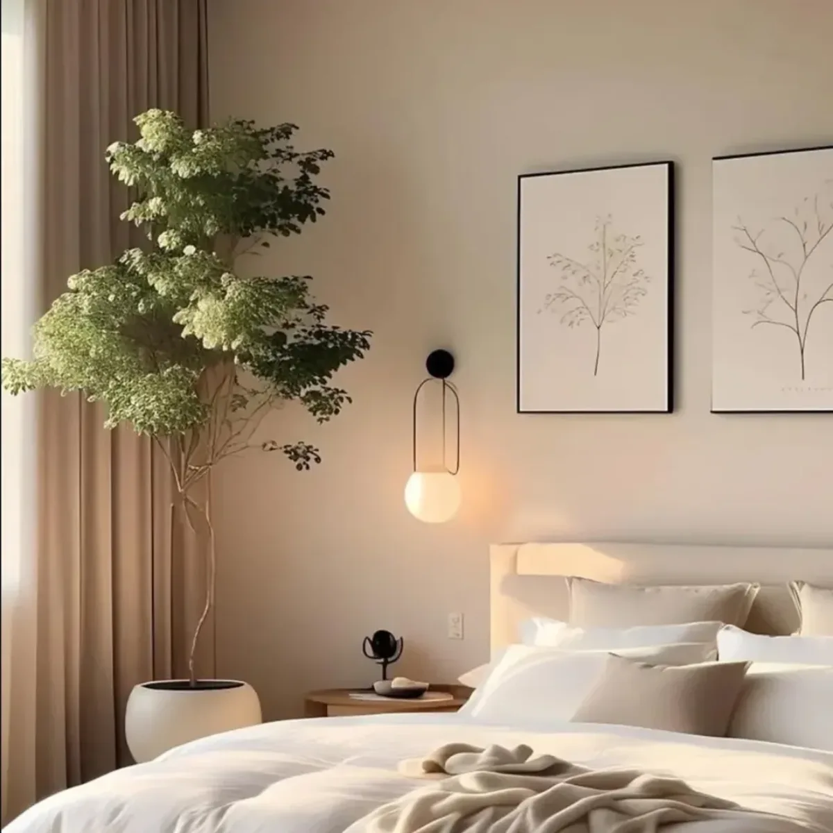 Suasana kamar tidur minimalis yang tenang dengan pencahayaan matahari alami, pohon hias indoor yang tinggi, sprei putih bersih, dan lampu gantung unik berbentuk lengkung.