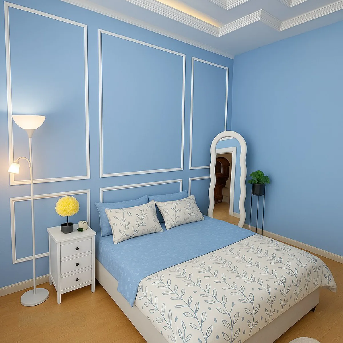 Desain kamar tidur bernuansa biru muda dengan detail molding dinding (wainscoting) warna putih, cermin berdiri bergelombang (wavy mirror), dan lampu lantai modern.