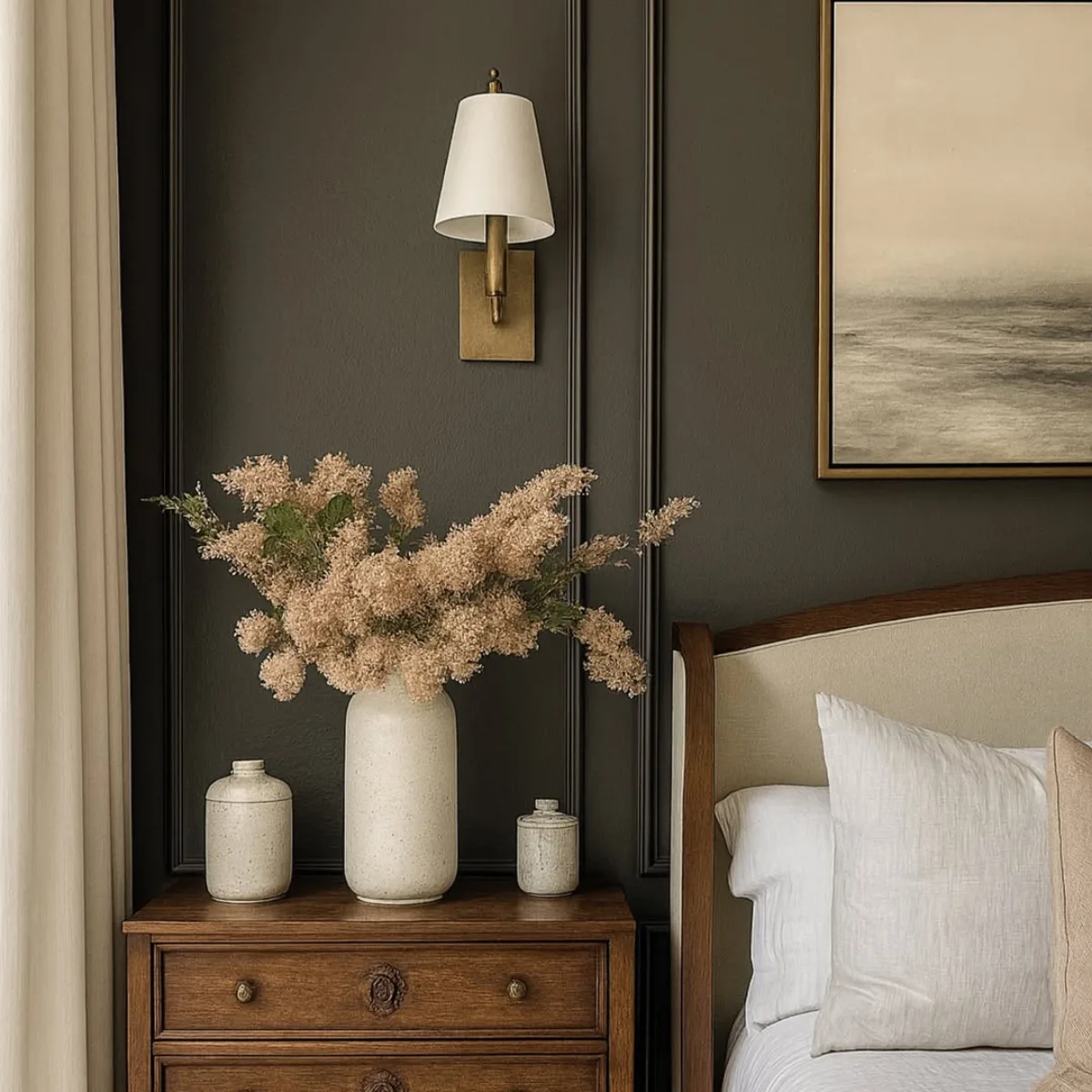 Desain kamar tidur elegan dengan dinding panel warna charcoal grey atau abu-abu tua, meja samping kayu klasik, dan dekorasi vas bunga kering yang estetik.