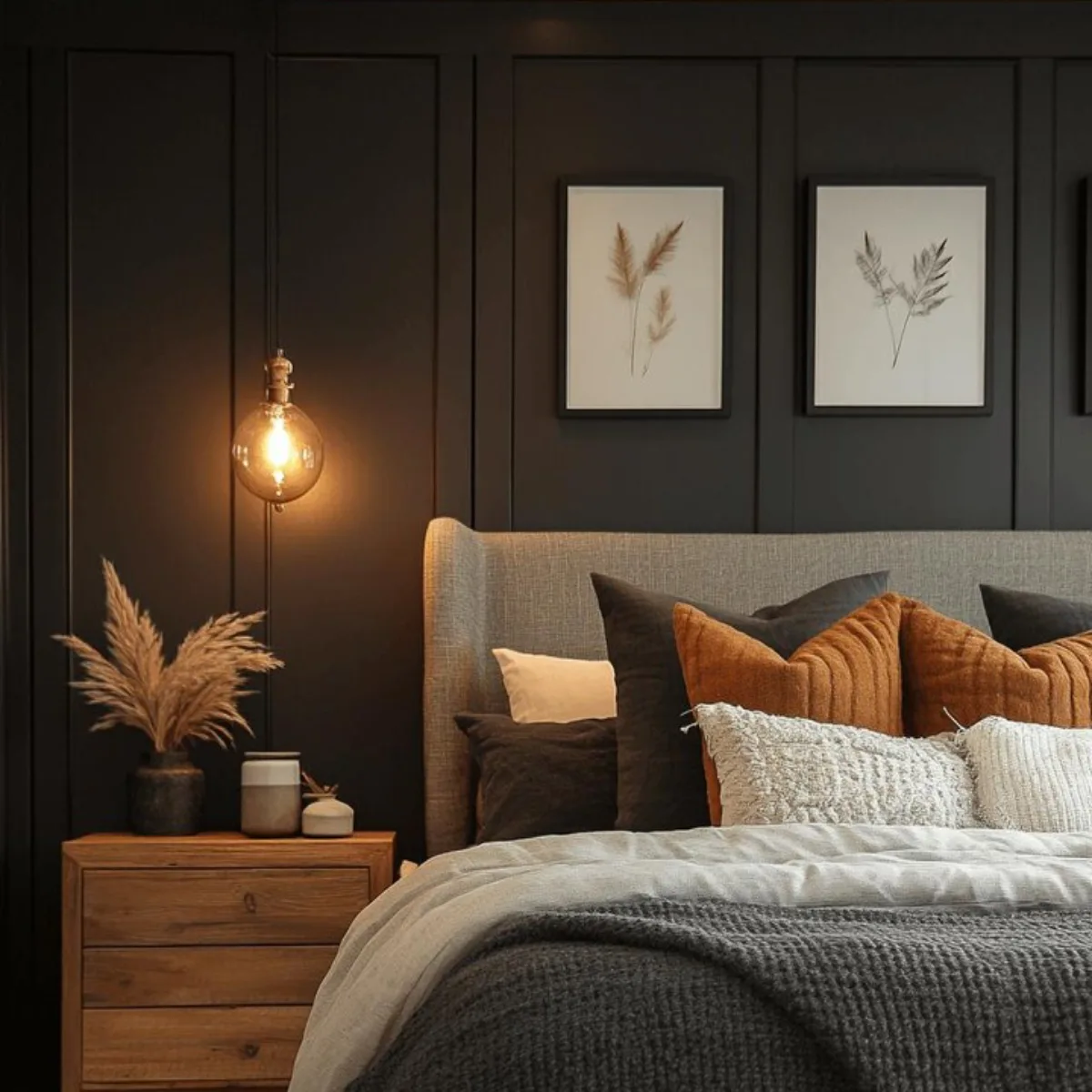 Kamar tidur modern maskulin dengan dinding panel warna hitam matte, dipadukan dengan headboard abu-abu dan bantal aksen warna terracotta atau oranye bata.