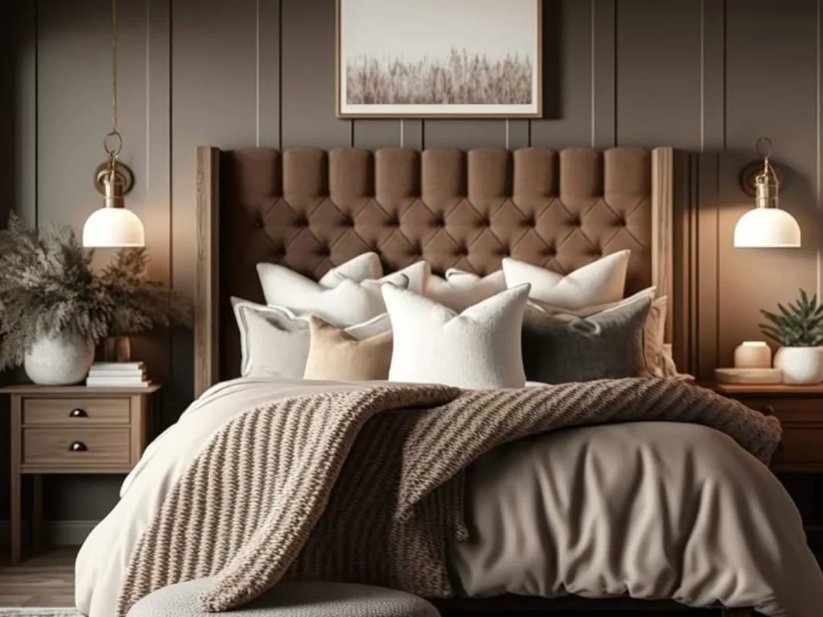 Kamar tidur bernuansa earth tone yang hangat dengan dinding warna coklat taupe, headboard tufted velvet yang tinggi, dan pencahayaan lampu gantung yang lembut.