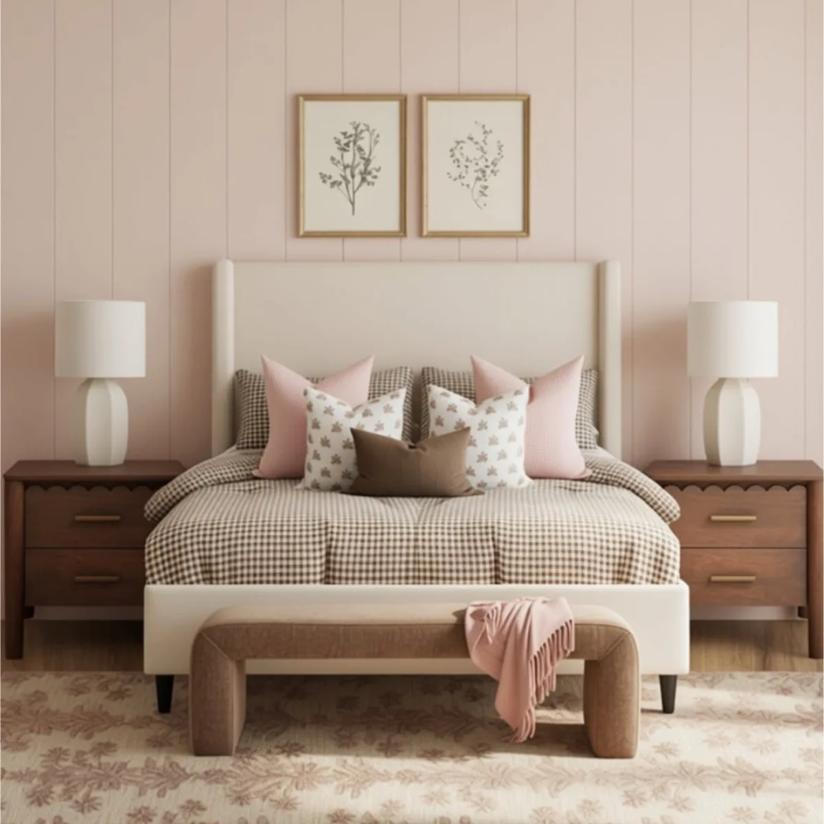 Inspirasi kamar tidur romantis dengan dinding panel kayu warna pink muda lembut, dipadukan dengan tempat tidur krem dan karpet motif floral vintage.