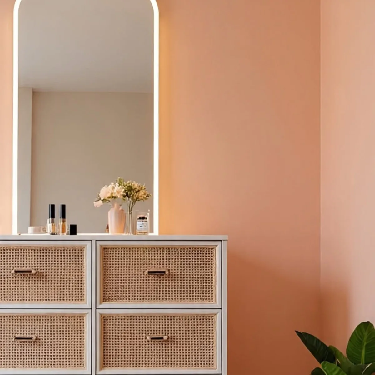 Sudut kamar tidur estetis dengan cat dinding warna peach atau terakota hangat, dilengkapi meja laci rotan dan cermin dengan lampu LED modern.