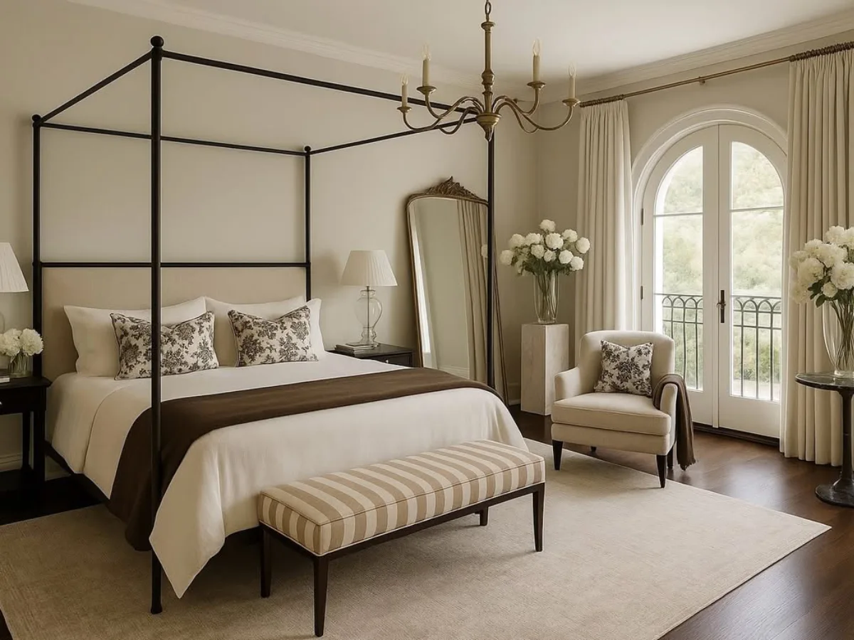Interior kamar tidur mewah dengan palet warna krem netral yang menenangkan, tempat tidur kanopi besi hitam, dan pintu balkon lengkung yang romantis.