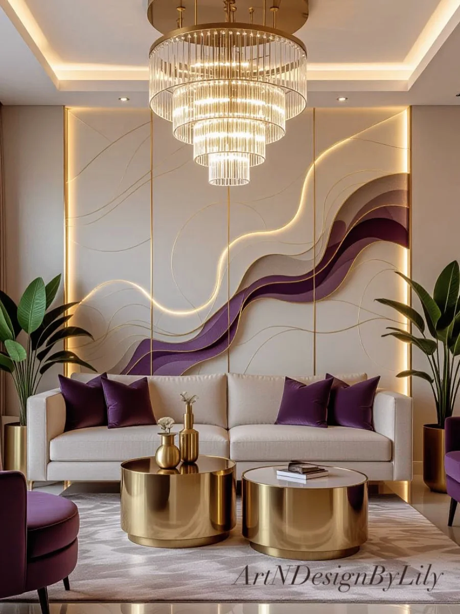 Variasi sudut pandang dari ruang tamu bertema ungu-emas, memperlihatkan detail lekukan dinding dekoratif yang artistik dan tanaman hijau di sudut ruangan. Meja kopi ganda berwarna emas memantulkan cahaya dari lampu kristal mewah di atasnya, menciptakan suasana yang hangat dan prestisius.