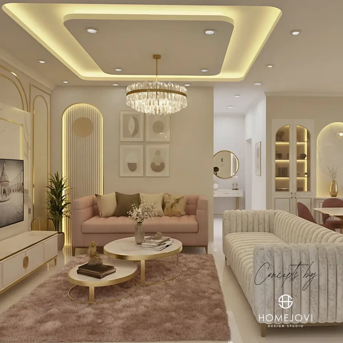 Desain ruang tamu mewah dengan palet warna lembut seperti merah muda pastel, krem, dan emas. Terdapat sofa pink yang manis, karpet bulu tebal, dan meja kopi marmer bulat dengan kaki emas. Plafon menggunakan teknik drop ceiling dengan lampu kristal bundar di tengahnya.