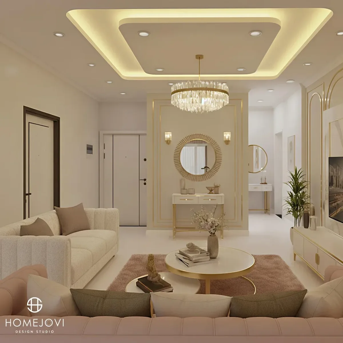 Pandangan luas dari ruang tamu bergaya modern glam. Area ini terhubung dengan lorong masuk yang memiliki meja konsol putih ramping dan cermin bulat berbingkai emas. Pencahayaan ambient dari lampu dinding dan plafon memberikan kesan hangat dan bersih pada interior berwarna gading.