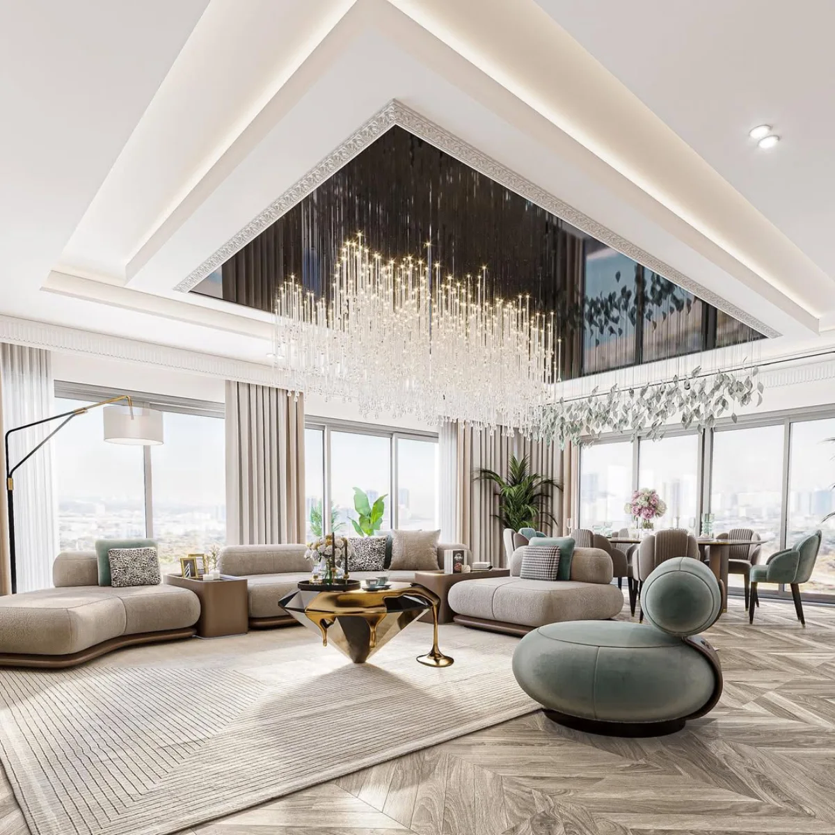 Ruang keluarga ultra-mewah dengan plafon tinggi yang memiliki aksen cermin gelap dan lampu gantung kristal menjuntai seperti hujan. Furnitur terdiri dari sofa melengkung abu-abu dan kursi berbentuk bola unik berwarna hijau sage. Lantai kayu pola herringbone menambah kesan klasik namun modern.