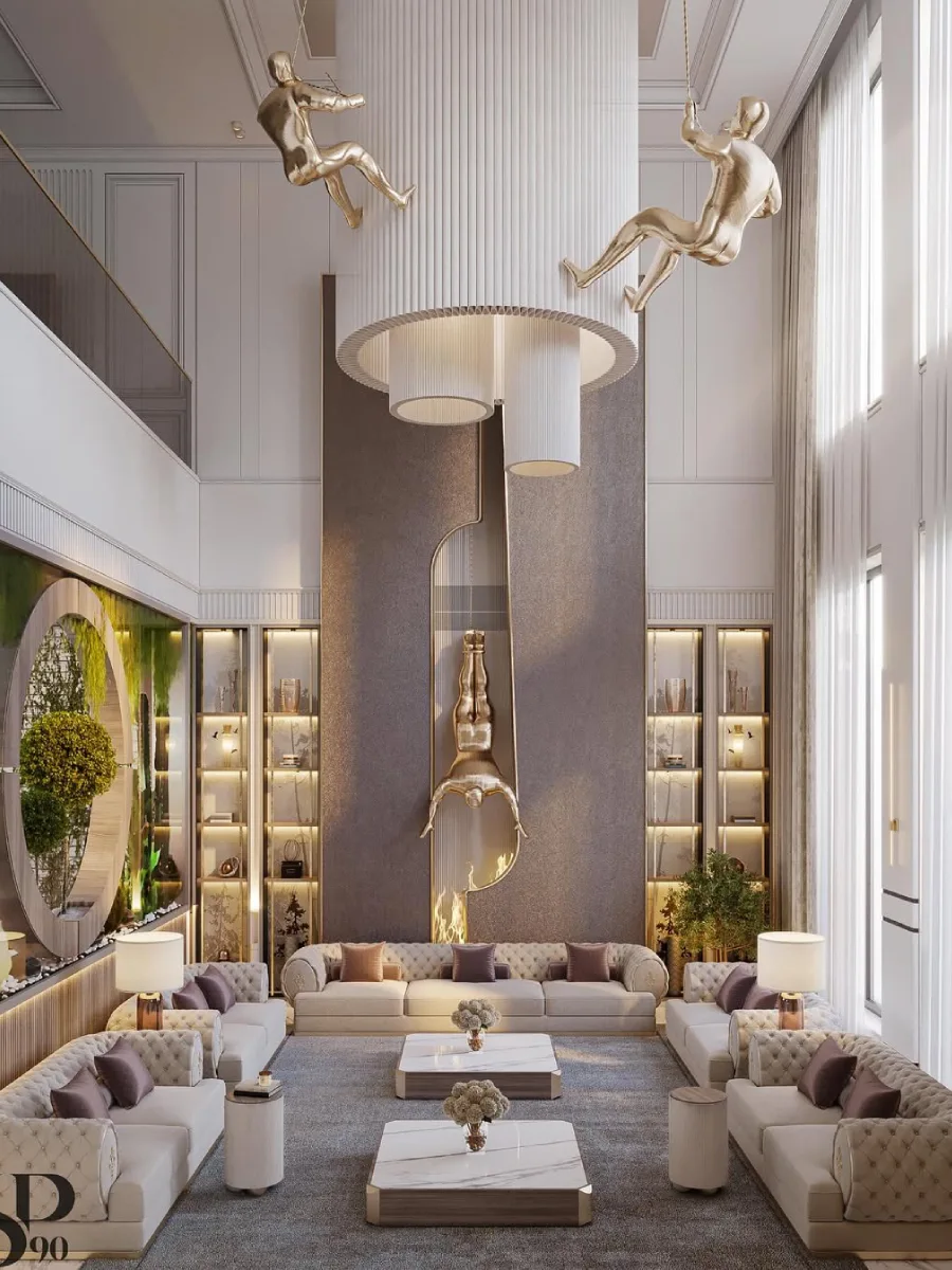 Desain ruang tamu megah bertema futuristik klasik dengan instalasi seni patung manusia berwarna emas yang seolah sedang memanjat dari plafon. Ruangan ini memiliki sofa tufted panjang, dinding marmer bertekstur cokelat, dan jendela kaca besar yang menjulang tinggi.