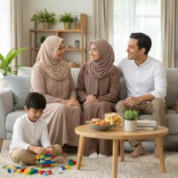 Keluarga multigenerasi bersantai di ruang keluarga; nenek dan orang tua mengobrol di sofa, anak remaja bermain ponsel, dan anak kecil bermain lego di lantai.