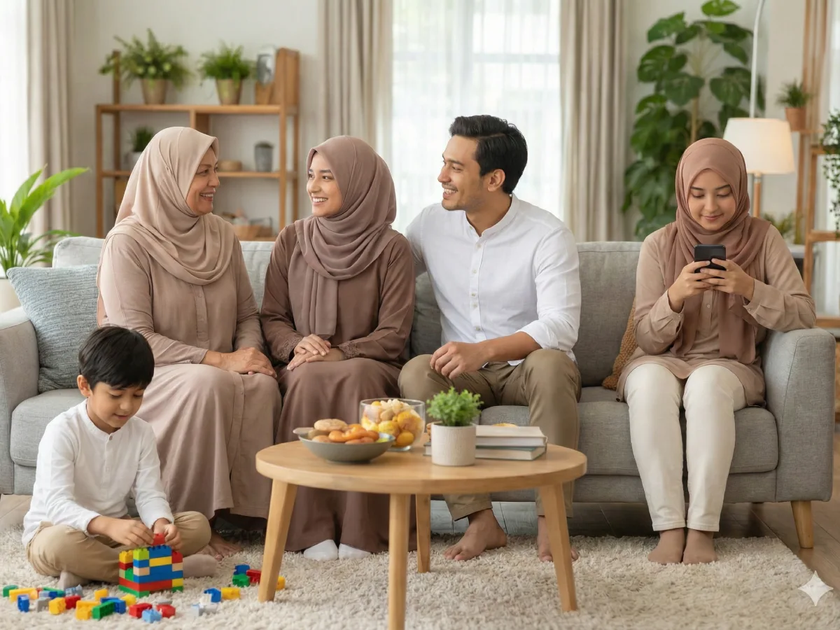 Keluarga multigenerasi bersantai di ruang keluarga; nenek dan orang tua mengobrol di sofa, anak remaja bermain ponsel, dan anak kecil bermain lego di lantai.