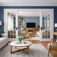 Ruang tamu dan ruang keluarga terpisah sekat pintu kaca warna biru dengan desain modern minimalis.