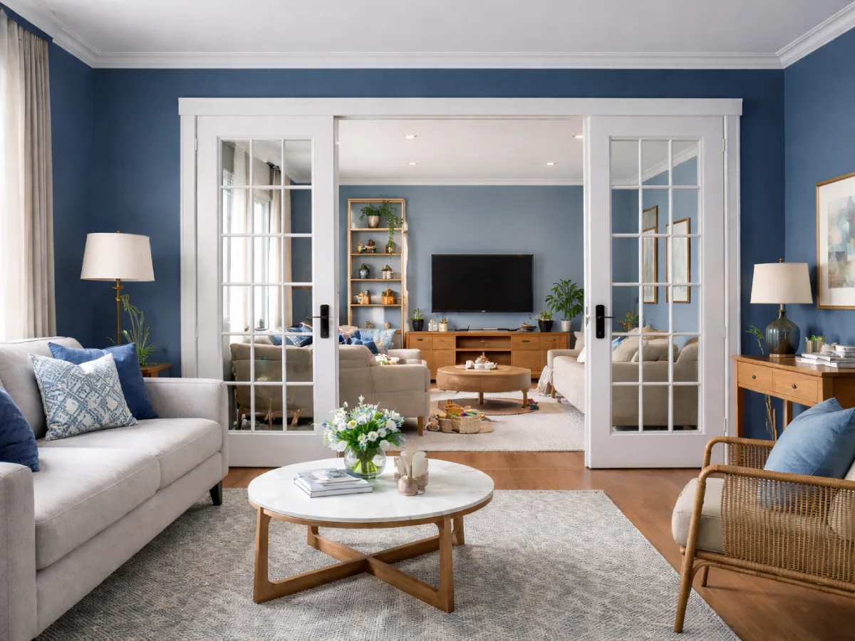 Ruang tamu dan ruang keluarga terpisah sekat pintu kaca warna biru dengan desain modern minimalis.