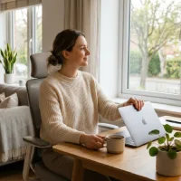 Seorang wanita tersenyum rileks sambil perlahan menutup laptopnya di meja kerja rumah, dengan latar belakang ruang keluarga yang nyaman dan hangat.