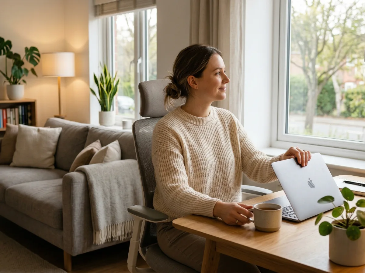 Seorang wanita tersenyum rileks sambil perlahan menutup laptopnya di meja kerja rumah, dengan latar belakang ruang keluarga yang nyaman dan hangat.