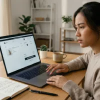 Seorang perempuan duduk di meja kayu, menatap layar laptop yang menampilkan toko online dengan ekspresi fokus. Terdapat buku catatan terbuka di sebelahnya.