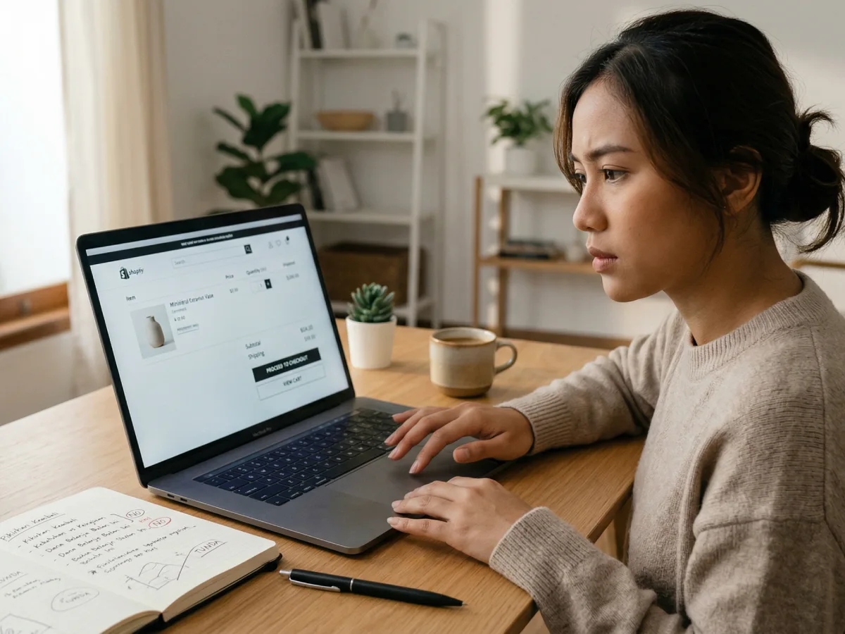 Seorang perempuan duduk di meja kayu, menatap layar laptop yang menampilkan toko online dengan ekspresi fokus. Terdapat buku catatan terbuka di sebelahnya.