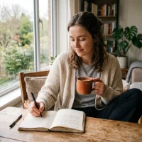 Seorang wanita mengenakan kardigan rajut duduk di meja kayu dekat jendela, fokus menulis di buku jurnal menggunakan pulpen di tangan kanan sambil memegang cangkir di tangan kiri, dengan suasana ruangan yang nyaman dilengkapi rak buku dan tanaman hias.