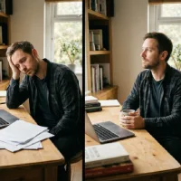 Gambar berdampingan yang menampilkan dua kondisi seorang pria di meja kerjanya. Sisi kiri menunjukkan pria tersebut tampak stres dan kelelahan di depan laptop dan tumpukan kertas, sedangkan sisi kanan menunjukkan pria yang sama tampak lebih tenang dan merenung sambil memegang cangkir kopi.