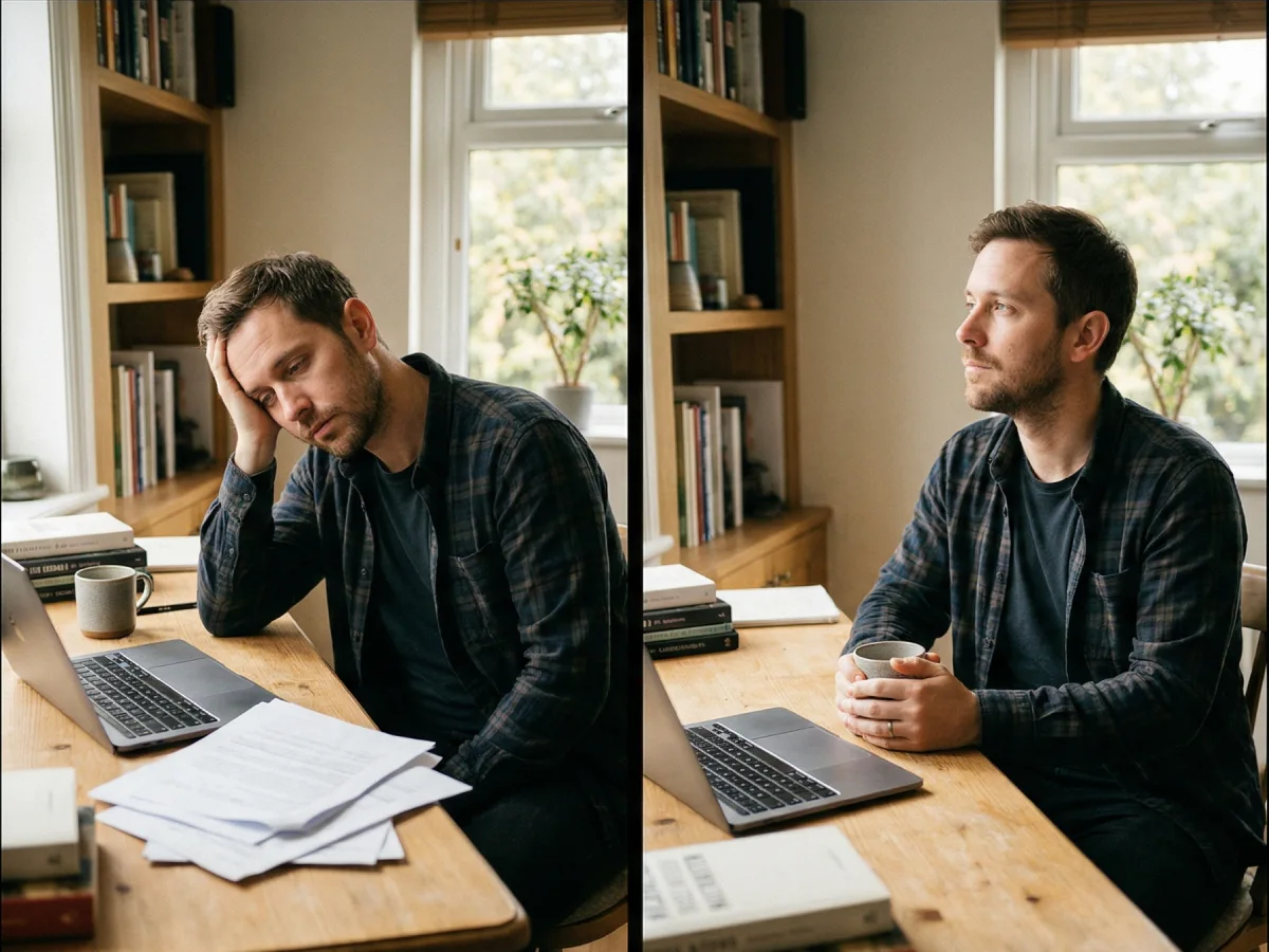 Gambar berdampingan yang menampilkan dua kondisi seorang pria di meja kerjanya. Sisi kiri menunjukkan pria tersebut tampak stres dan kelelahan di depan laptop dan tumpukan kertas, sedangkan sisi kanan menunjukkan pria yang sama tampak lebih tenang dan merenung sambil memegang cangkir kopi.