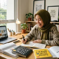Seorang kreator perempuan berhijab sedang mencari inspirasi di meja kerjanya. Ia tersenyum sambil mencatat ide di buku tulis, ditemani laptop yang menampilkan referensi visual dan buku 'Steal Like an Artist' di atas meja kayu yang hangat.