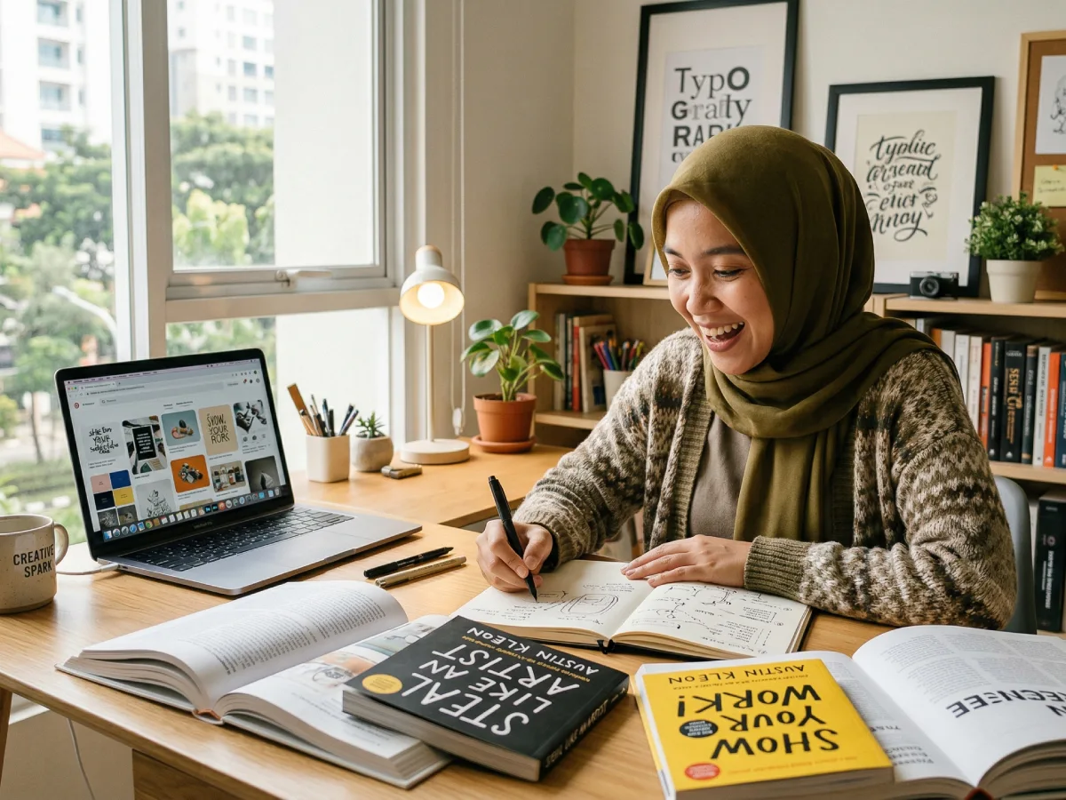 Seorang kreator perempuan berhijab sedang mencari inspirasi di meja kerjanya. Ia tersenyum sambil mencatat ide di buku tulis, ditemani laptop yang menampilkan referensi visual dan buku 'Steal Like an Artist' di atas meja kayu yang hangat.