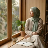 Perempuan berhijab menatap ke luar jendela dengan tenang, ditemani buku catatan dan cangkir di ruang minimalis.