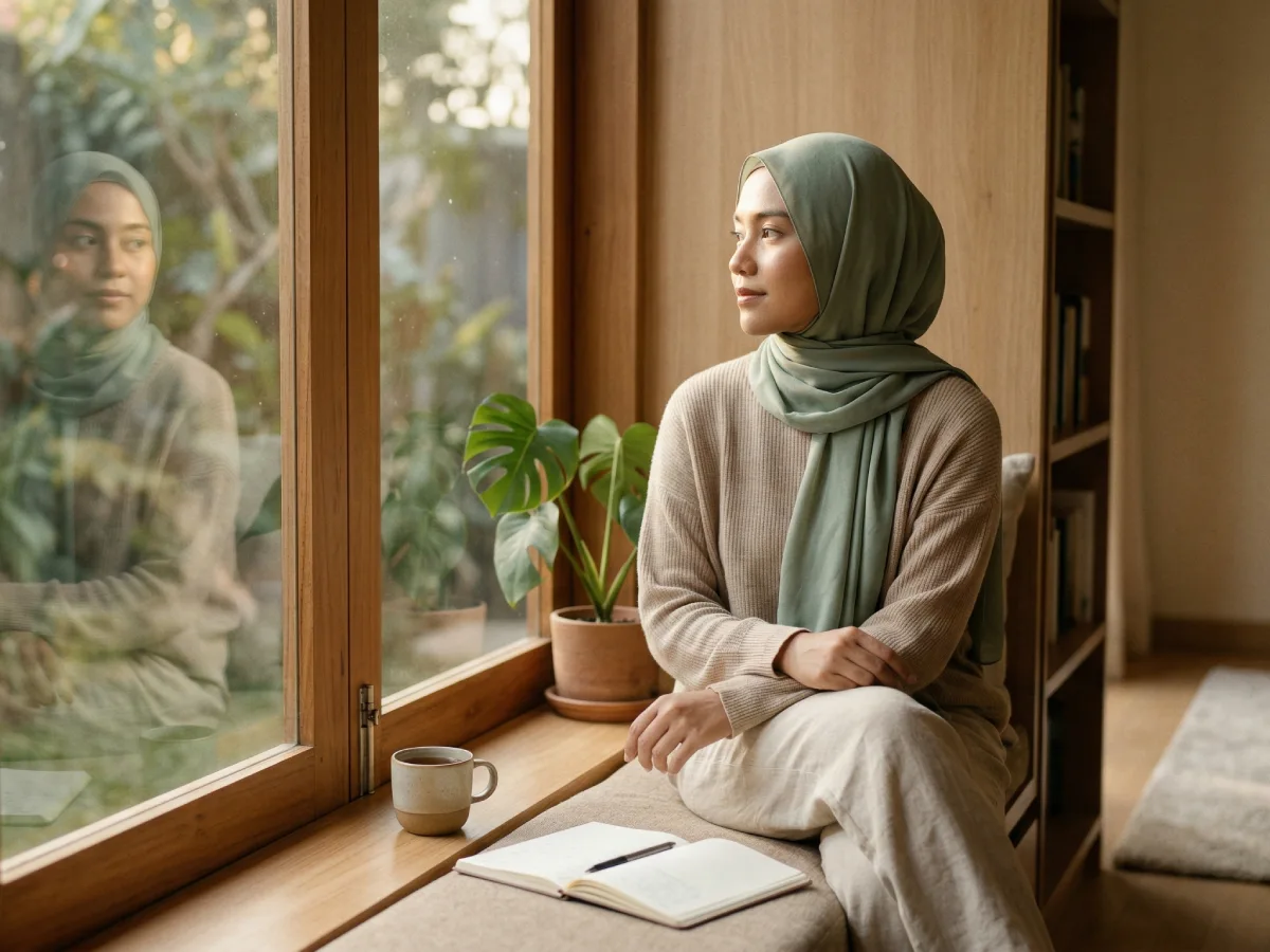 Perempuan berhijab menatap ke luar jendela dengan tenang, ditemani buku catatan dan cangkir di ruang minimalis.