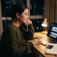 Suasana kamar yang tenang di malam hari. Seorang wanita tampak sedang mempertimbangkan keranjang belanja online-nya di laptop. Cahaya kuning redup dari lampu meja menyoroti kartu kredit yang dibiarkan di atas buku catatan, mewakili konsep menunda pembelian impulsif.