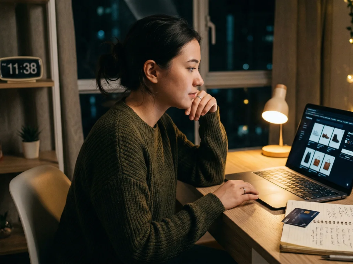Suasana kamar yang tenang di malam hari. Seorang wanita tampak sedang mempertimbangkan keranjang belanja online-nya di laptop. Cahaya kuning redup dari lampu meja menyoroti kartu kredit yang dibiarkan di atas buku catatan, mewakili konsep menunda pembelian impulsif.