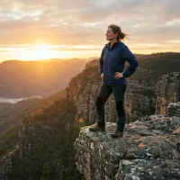 Seorang wanita dewasa berdiri tegak dengan percaya diri di tepi tebing berbatu yang curam, menatap ke kejauhan ke arah matahari terbit yang cerah di atas lembah pegunungan yang luas dan berkabut. Pakaiannya santai dan fungsional, dan suasana fotonya penuh harapan dan berani.
