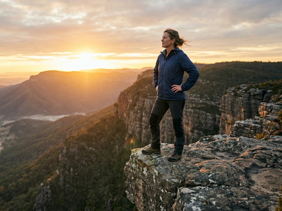 Seorang wanita dewasa berdiri tegak dengan percaya diri di tepi tebing berbatu yang curam, menatap ke kejauhan ke arah matahari terbit yang cerah di atas lembah pegunungan yang luas dan berkabut. Pakaiannya santai dan fungsional, dan suasana fotonya penuh harapan dan berani.