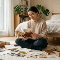 Seorang wanita muda duduk bersila di atas karpet putih di kamar tidur yang nyaman dan minimalis. Ia tersenyum lembut sambil memegang dan memandangi sebuah album tua. Di sekitarnya berserakan foto-foto lama, surat tulisan tangan, dan kotak kardus kecil. Suasana tampak hangat, damai, dan penuh nostalgia dengan cahaya alami dari jendela di sebelahnya.