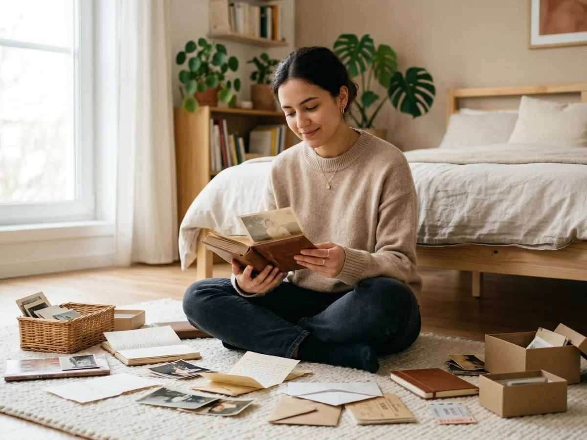 Seorang wanita muda duduk bersila di atas karpet putih di kamar tidur yang nyaman dan minimalis. Ia tersenyum lembut sambil memegang dan memandangi sebuah album tua. Di sekitarnya berserakan foto-foto lama, surat tulisan tangan, dan kotak kardus kecil. Suasana tampak hangat, damai, dan penuh nostalgia dengan cahaya alami dari jendela di sebelahnya.