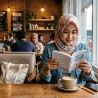Seorang wanita berhijab yang mengenakan jaket denim tampak tersenyum manis saat membaca buku berjudul 'Pelangi di Balik Awan' di sebuah kafe, dengan secangkir kopi hangat di atas meja kayu di depannya.